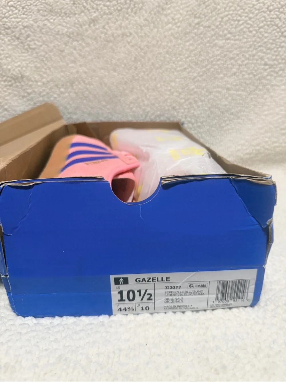 Adidas Gazelle Pink with Blue Stripes and Gum Sole